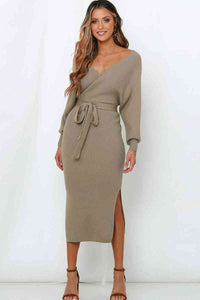 Surplice Neck Bow Waist Slit Sweater Dress Trandify deal
