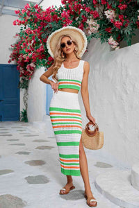 Striped Openwork Cropped Tank and Split Skirt Set Trandify deal