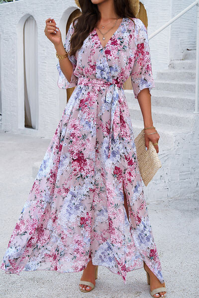 Devine Printed Tied Half Sleeve Slit Dress Trandify deal