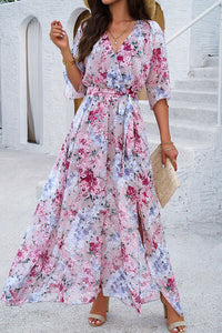 Devine Printed Tied Half Sleeve Slit Dress Trandify deal
