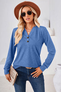 Notched Button Detail Long Sleeve T-Shirt Trandify deal
