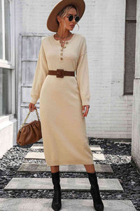 Notched Neck Dropped Shoulder Button-Down Midi Dress Trandify deal