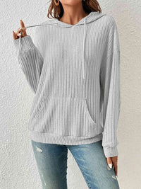 Ribbed Dropped Shoulder Drawstring Hoodie Trandify deal