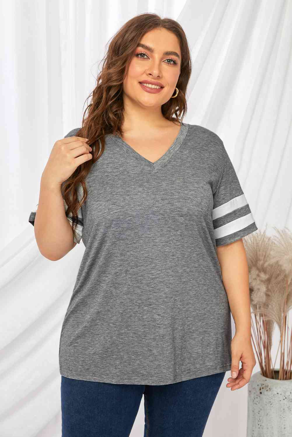 Plus Size Striped V-Neck Tee Shirt Trandify deal
