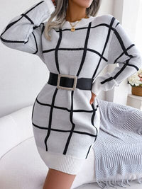 Plaid Round Neck Dropped Shoulder Sweater Dress Trandify deal