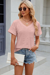 Eyelet V-Neck Short Sleeve T-Shirt Trandify deal