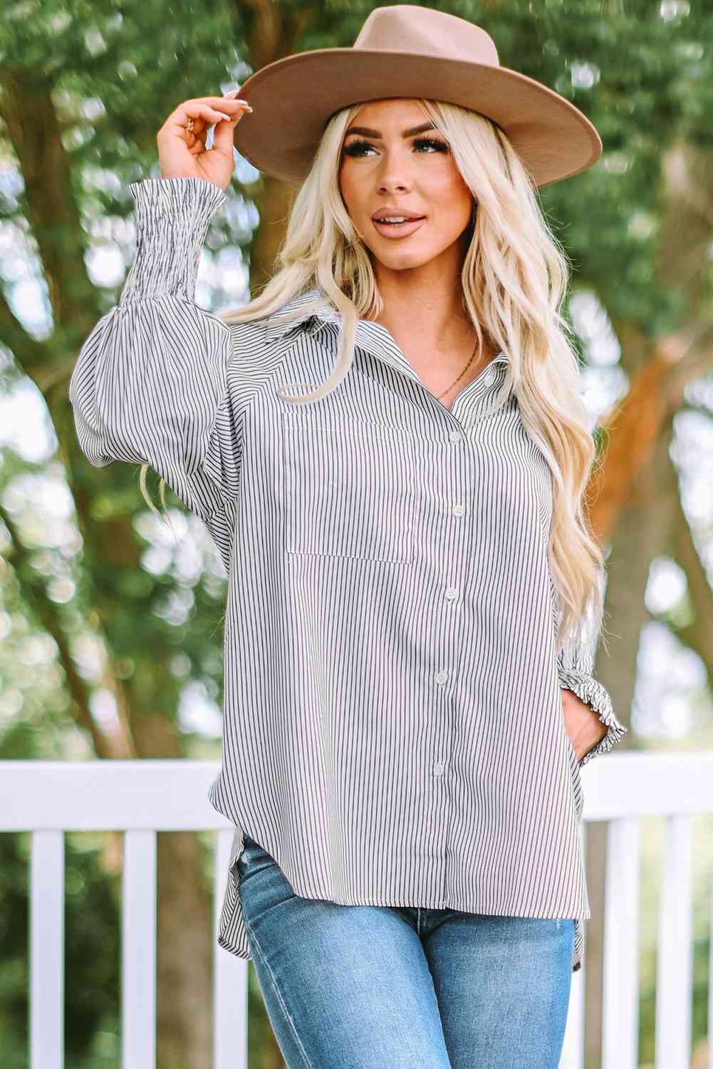 Striped Lantern Sleeve Collared Shirt Trandify deal