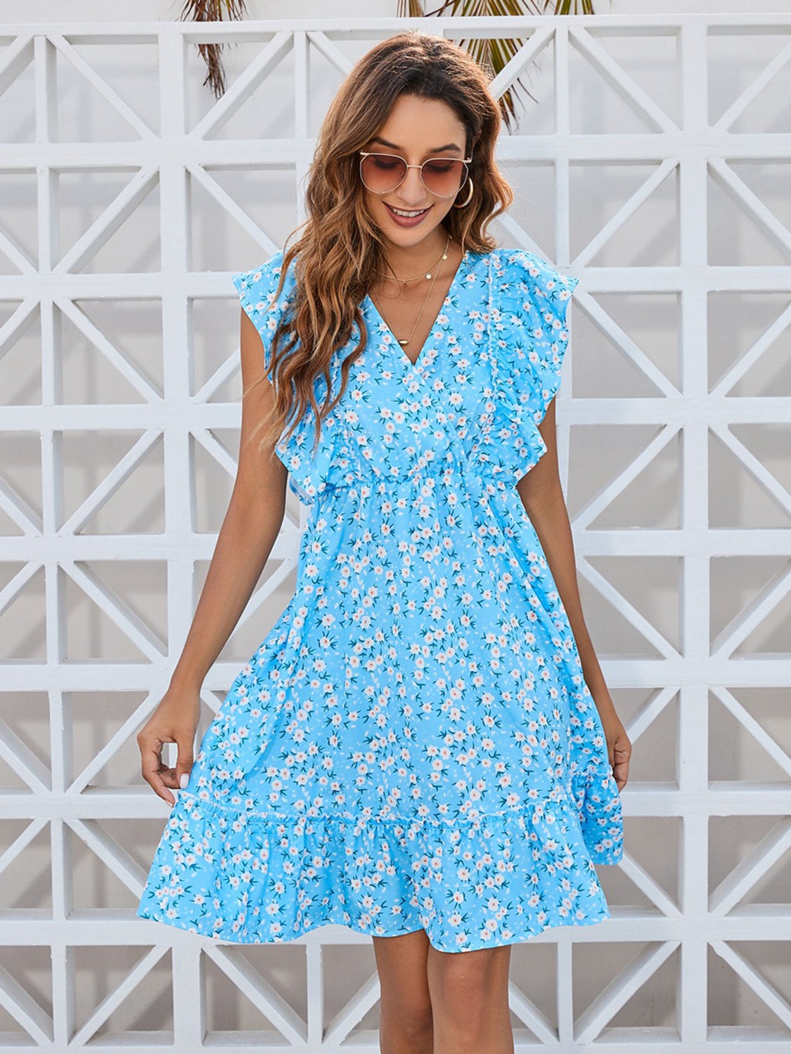 Ruffled Ditsy Floral Surplice Mini Dress Trandify deal