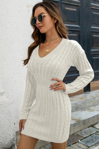 Cable-Knit V-Neck Long Sleeve Mini Sweater Dress Trandify deal
