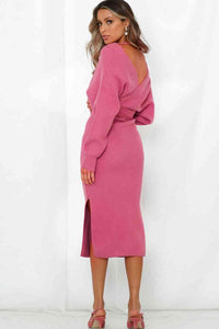 Surplice Neck Bow Waist Slit Sweater Dress Trandify deal