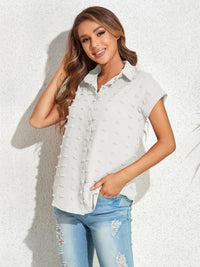 Swiss Dot Button Up Cap Sleeve Shirt Trandify deal