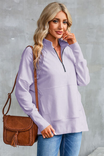 Half Zip Pocketed Dropped Shoulder Sweatshirt Trandify deal