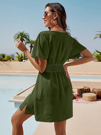 Smocked V-Neck Short Sleeve Dress Trandify deal