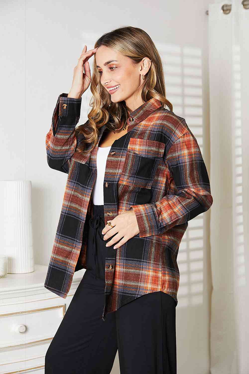 Double Take Plaid Dropped Shoulder Shirt Trandify deal
