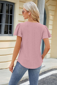 Eyelet Square Neck Short Sleeve T-Shirt Trandify deal