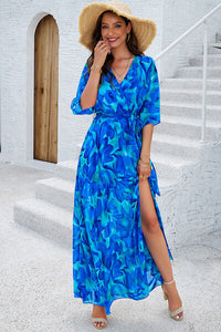 Devine Printed Tied Half Sleeve Slit Dress Trandify deal