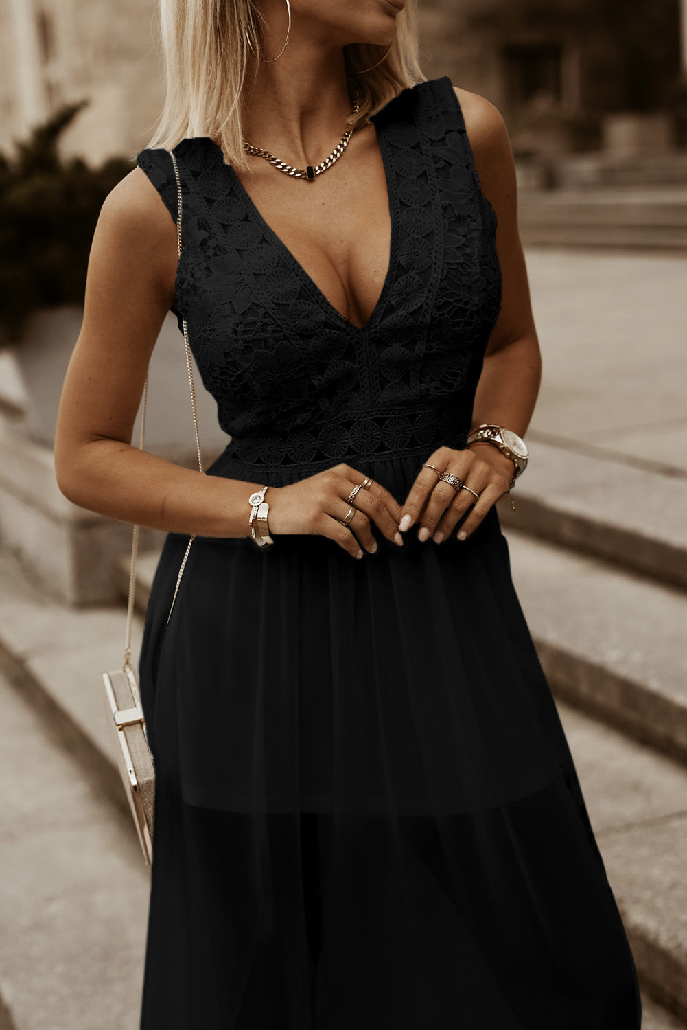 Slit Lace Detail V-Neck Dress Trandify deal