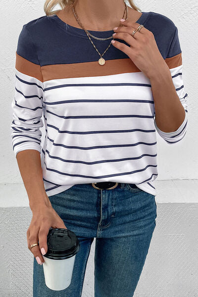 Perfee Striped Round Neck Long Sleeve T-Shirt Trandify deal