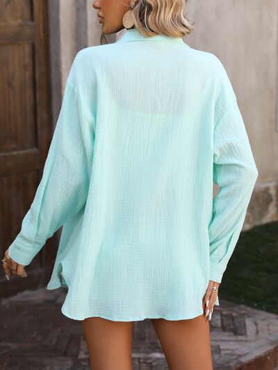 Textured Button Up Dropped Shoulder Shirt Trandify deal
