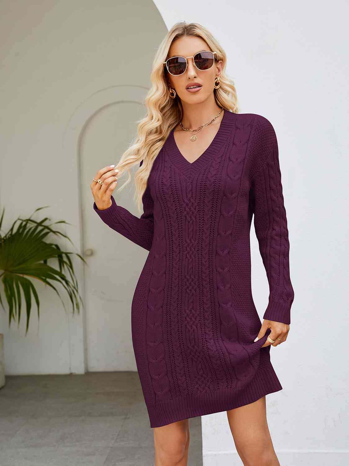 Cable-Knit V-Neck Mini Sweater Dress Trandify deal