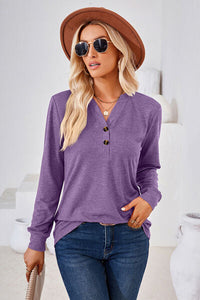 Notched Button Detail Long Sleeve T-Shirt Trandify deal