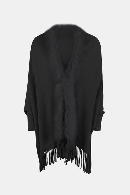 Fringe Open Front Long Sleeve Poncho Trandify deal
