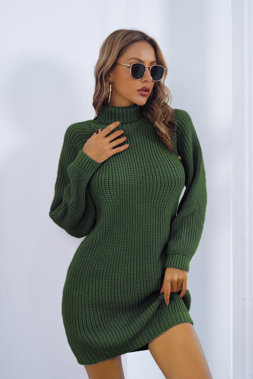 Buttoned Turtleneck Long Sleeve Sweater Dress Trandify deal