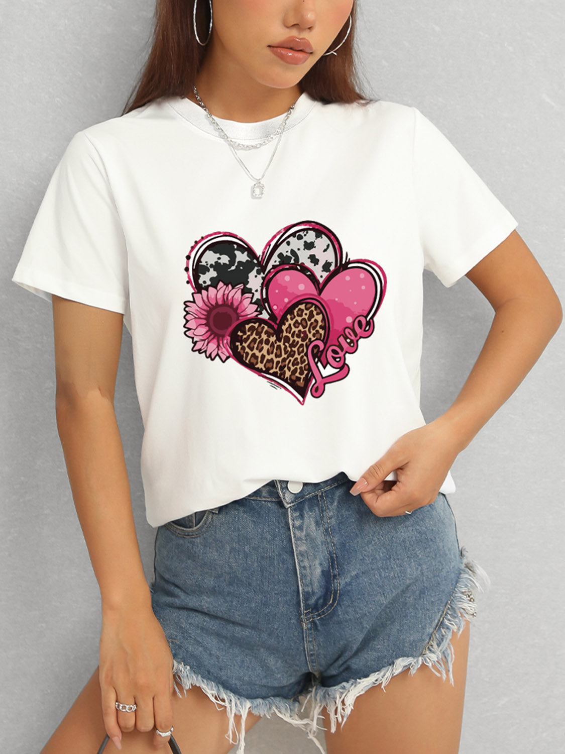 Heart Round Neck Short Sleeve T-Shirt Trandify deal