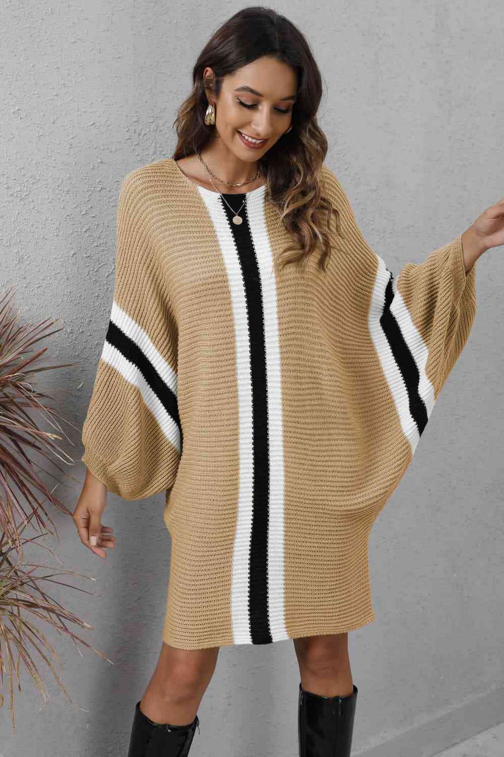 Ribbed Round Neck Long Sleeve Sweater Dress Trandify deal