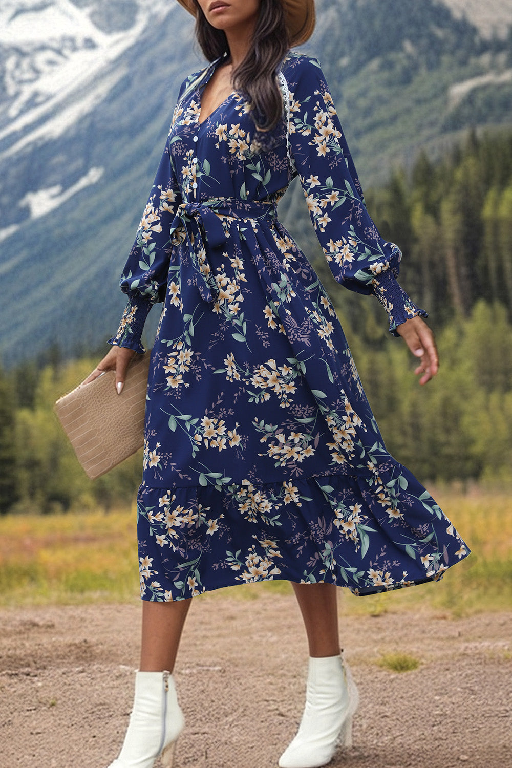 Perfee Printed Notched Lantern Sleeve Midi Dress Trandify deal