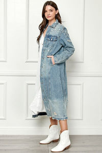 Veveret Full Size Distressed Raw Hem Pearl Detail Button Up Jacket Trandify deal