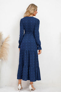 Swiss Dot Tied Surplice Flounce Sleeve Dress Trandify deal