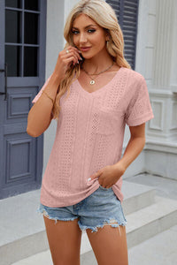 Eyelet V-Neck Short Sleeve T-Shirt Trandify deal