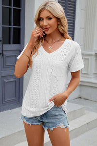Eyelet V-Neck Short Sleeve T-Shirt Trandify deal