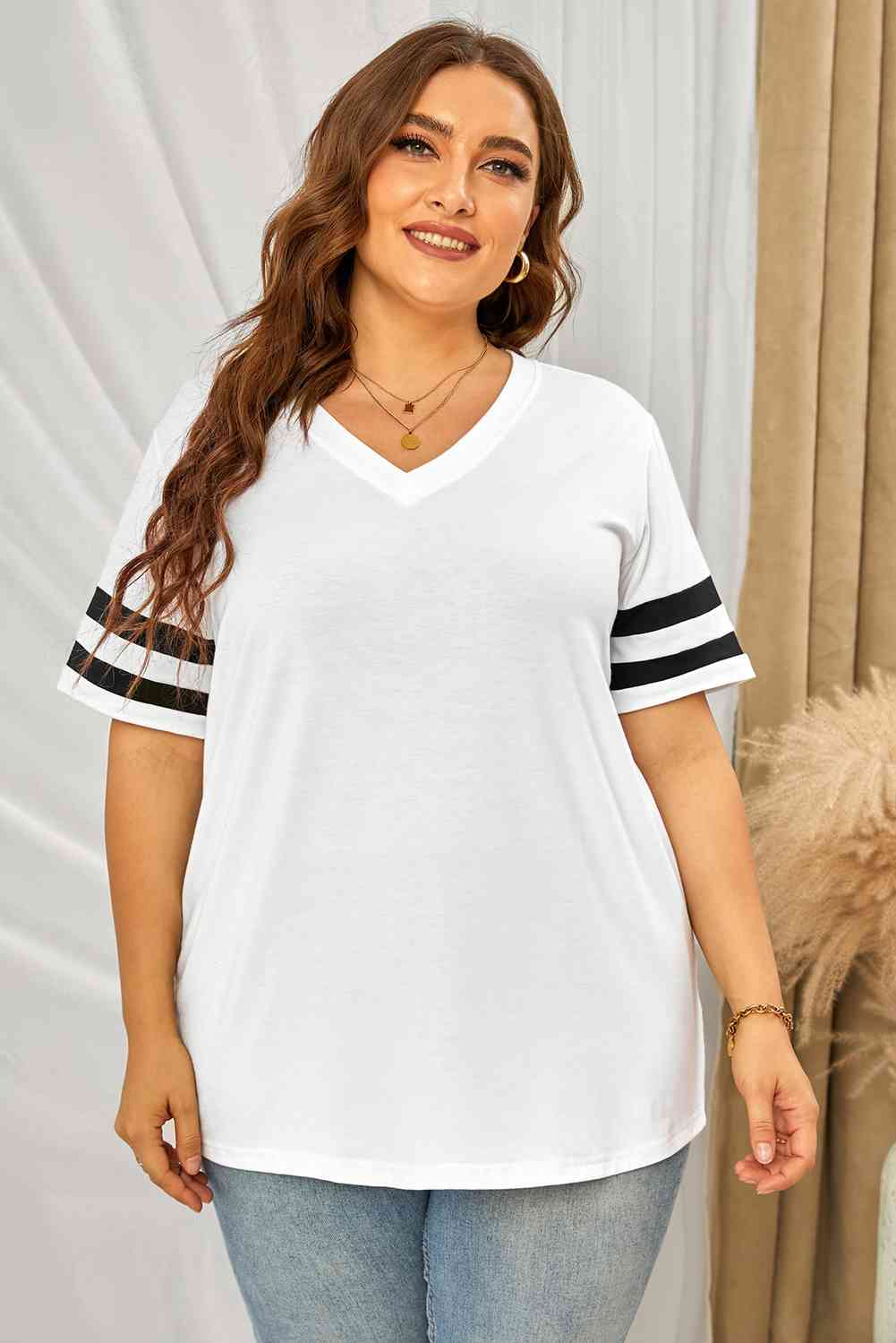 Plus Size Striped V-Neck Tee Shirt Trandify deal