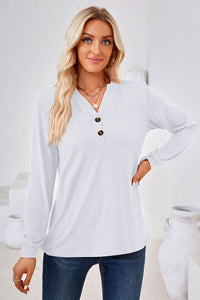 Notched Button Detail Long Sleeve T-Shirt Trandify deal