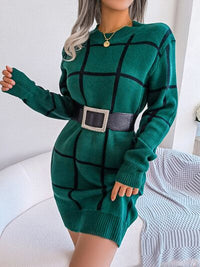 Plaid Round Neck Dropped Shoulder Sweater Dress Trandify deal