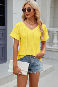 Eyelet V-Neck Short Sleeve T-Shirt Trandify deal