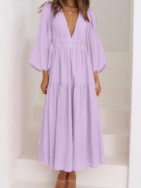 Deep V-Neck Balloon Sleeve Plain Maxi Dress Trandify deal