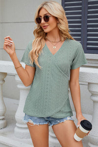 Eyelet Surplice Short Sleeve T-Shirt Trandify deal