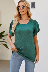 Smocked Round Neck Flutter Sleeve T-Shirt Trandify deal