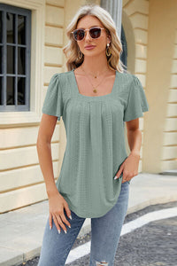 Eyelet Square Neck Short Sleeve T-Shirt Trandify deal