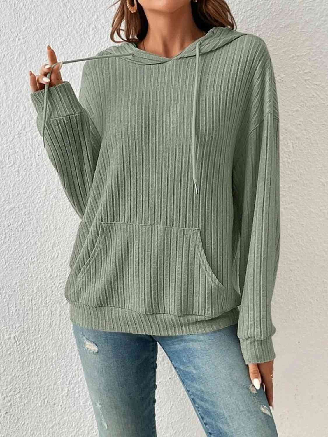 Ribbed Dropped Shoulder Drawstring Hoodie Trandify deal