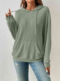 Ribbed Dropped Shoulder Drawstring Hoodie Trandify deal