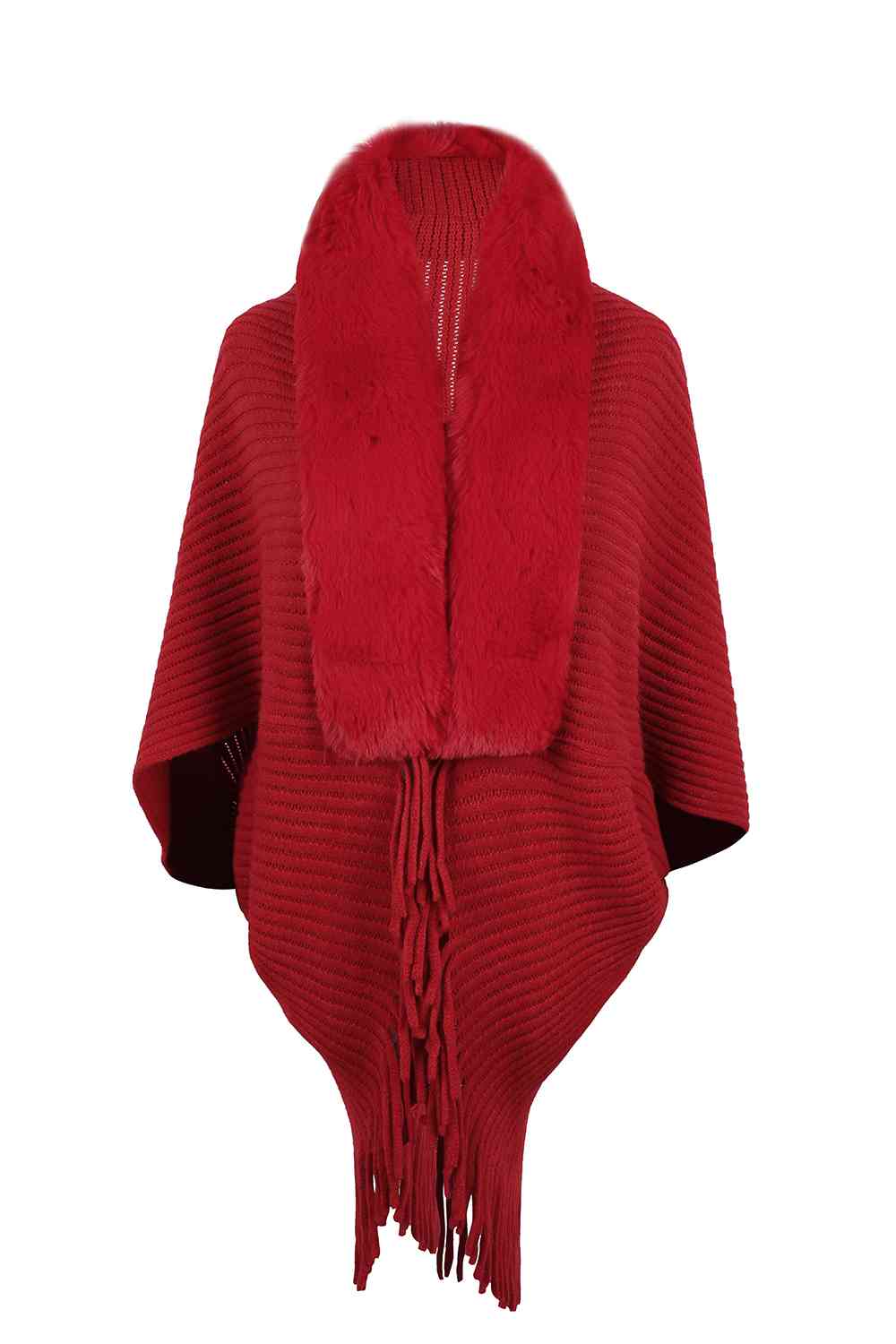 Fringe Detail Long Sleeve Ribbed Poncho Trandify deal