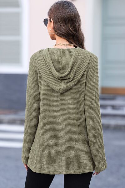 Waffle-Knit Button Up Drawstring Hoodie Trandify deal