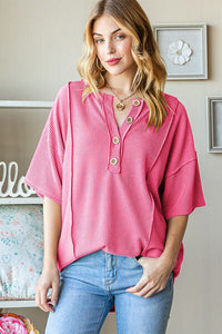Heimish Full Size Ribbed Half Button Drop Shoulder Top Trandify deal