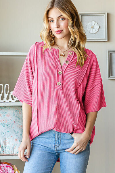Heimish Full Size Ribbed Half Button Drop Shoulder Top Trandify deal
