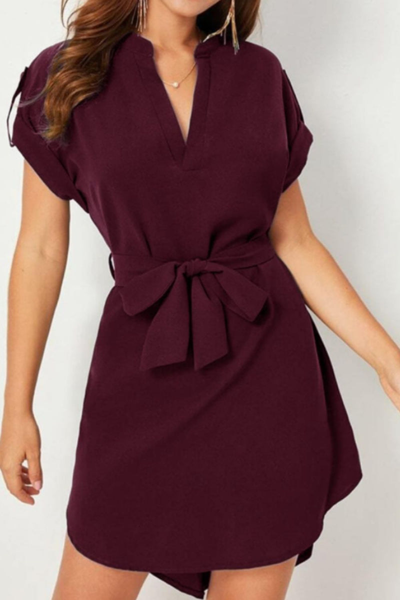 Tied Notched Short Sleeve Dress Trandify deal
