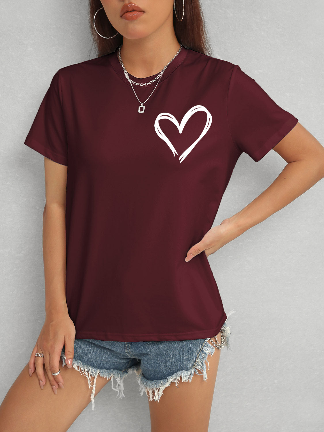 Heart Round Neck Short Sleeve T-Shirt Trandify deal